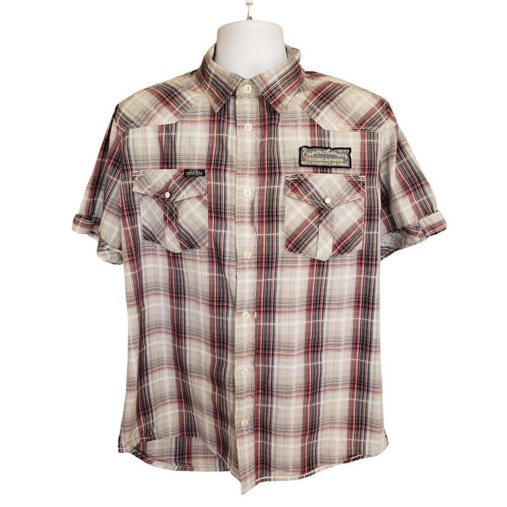 Petrol Mens Button-Up Shirt L Plaid Short Slv Turbo Engineers Embroidered Casual